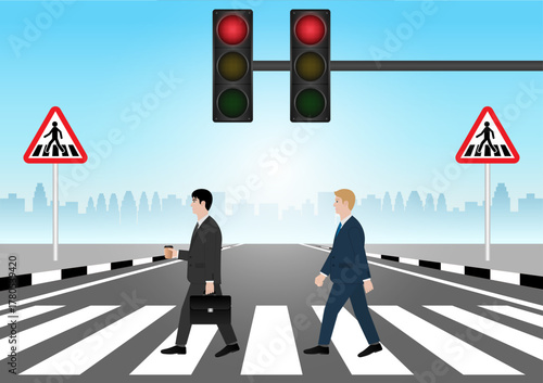Businessman Walking across Crosswalk in the City. Crosswalk. Pedestrian Crossing Road. Zebra Crossing. Vector Illustration. 