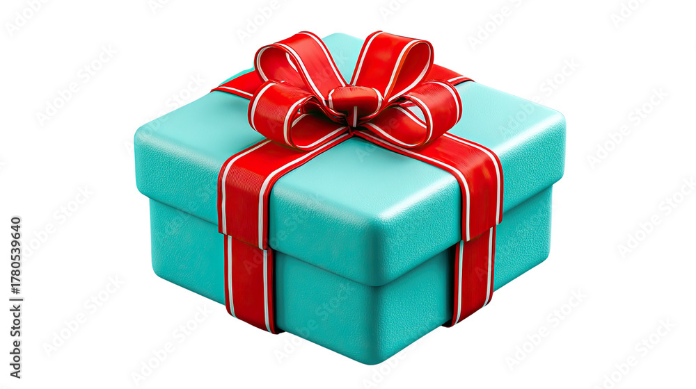 Fototapeta premium Wrapped Turquoise Gift Box with Red Ribbon: A beautifully wrapped turquoise gift box, adorned with a vibrant red ribbon, conveys a sense of anticipation and the joy of giving.