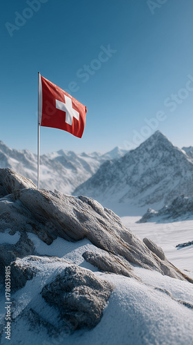 Swiss Flag in Snowy Mountains: A vibrant Swiss flag proudly waves atop a snowy peak, with the majestic backdrop of snow-covered mountains, painted against a clear blue sky.