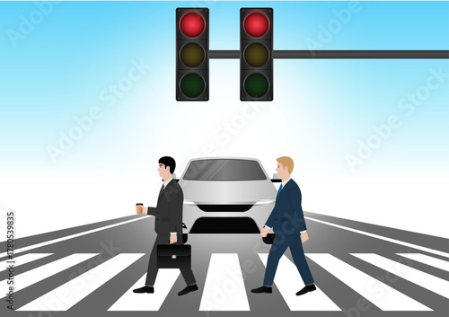 Businessman Walking across Crosswalk in the City. Crosswalk. Pedestrian Crossing Road. Zebra Crossing. Vector Illustration. 