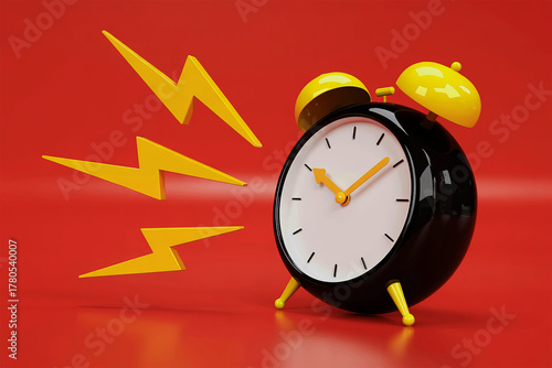 Black and yellow alarm clock with lightning shapes on red background symbolizing sale countdown