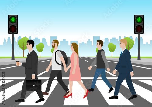 People Walking across Crosswalk in the City. Crosswalk. Pedestrian Crossing Road. Zebra Crossing. Vector Illustration. 