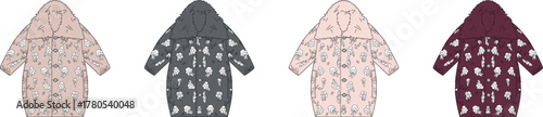 Four stylized baby onesies with different patterns for clothing design and kids fashion