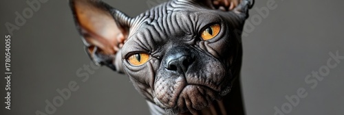 Close-Up Portrait of a Majestic Sphynx Cat with Unique Striations and Striking Gaze, Exuding Charm