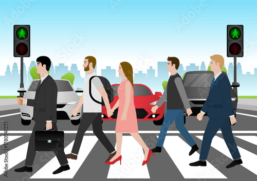 People Walking across Crosswalk in the City. Crosswalk. Pedestrian Crossing Road. Zebra Crossing. Vector Illustration. 