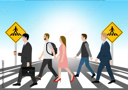 People Walking across Crosswalk in the City. Crosswalk. Pedestrian Crossing Road. Zebra Crossing. Vector Illustration. 