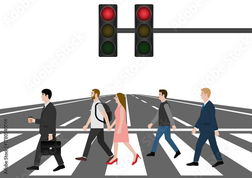 People Walking across Crosswalk in the City. Crosswalk. Pedestrian Crossing Road. Zebra Crossing. Vector Illustration. 