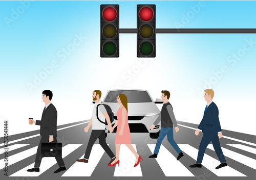 People Walking across Crosswalk in the City. Crosswalk. Pedestrian Crossing Road. Zebra Crossing. Vector Illustration. 