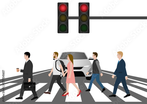People Walking across Crosswalk in the City. Crosswalk. Pedestrian Crossing Road. Zebra Crossing. Vector Illustration. 