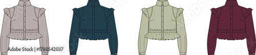 Fashionable jacket designs showcased in a palette of four distinct colors taupe, teal, beige, and burgundy