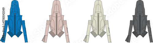 Fashionable jacket designs in four distinct color options blue, taupe, cream, and charcoal gray, showcasing modern style and versatility