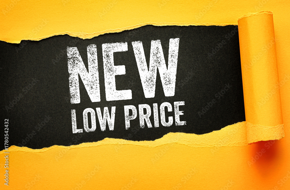 Obraz premium New Low Price text displayed under ripped surface. Concept for sales promotion, shopping discounts, retail offers, clearance deals, and customer attraction