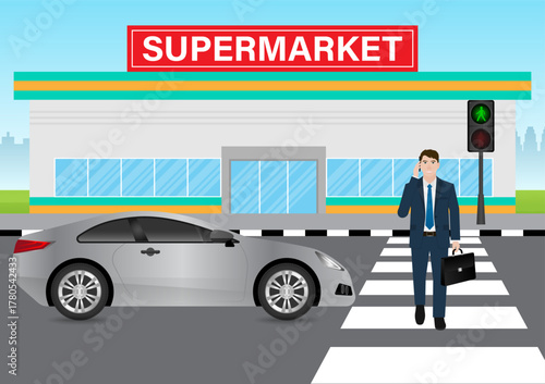 Businessman Walking across Crosswalk in the City. Crosswalk. Pedestrian Crossing Road. Zebra Crossing. Vector Illustration. 