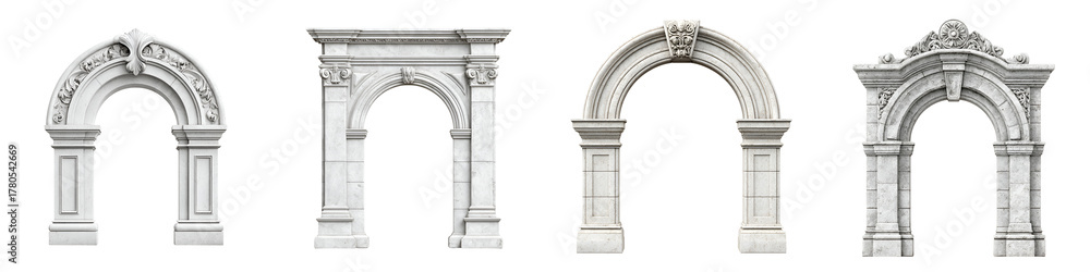 Fototapeta premium Stone Archways: Ornate Architectural Elements Isolated on White