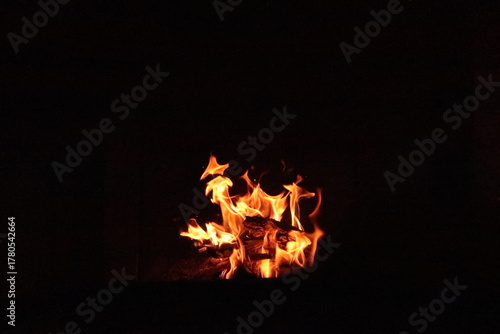 Fire in an oven in front of a black background