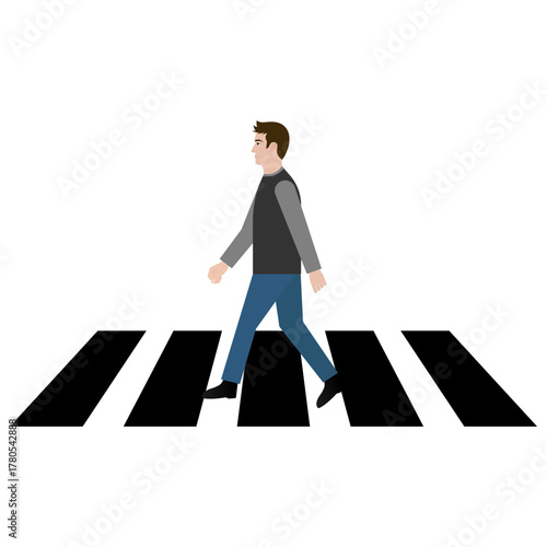 Man Walking across Crosswalk in the City. Crosswalk. Pedestrian Crossing Road. Zebra Crossing. Vector Illustration. 