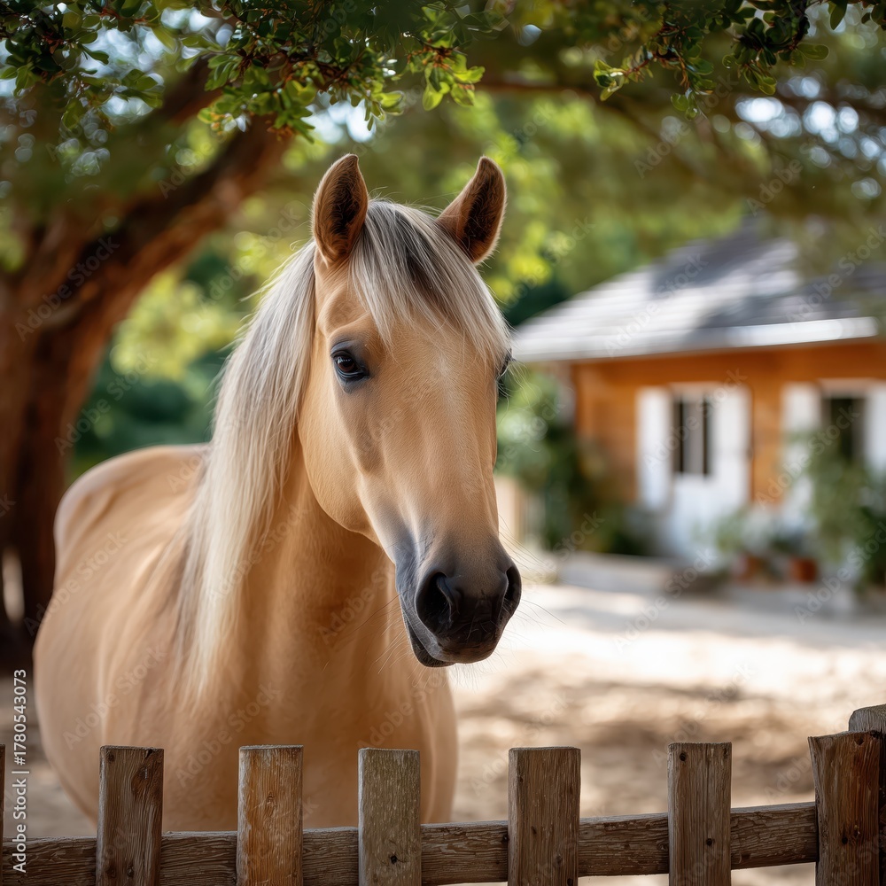 Obraz premium Palomino horse looking over fence on rural farm