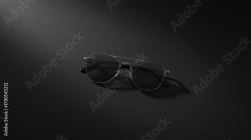A pair of round, wire-framed glasses rests on a textured, black surface. Soft light from the top left casts subtle shadows, creating a minimalist, elegant ambiance generative ai