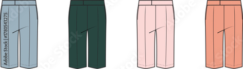 Set of women's classic trousers in four colorways. Fashion flat technical drawing vector illustration for apparel and clothing design templates