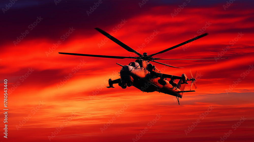 Fototapeta premium Helicopter gunship silhouetted against red sky, cinematic war painting realism.