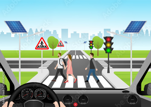 Driver Stop the Car to let People Walk across Crosswalk. Crosswalk. Pedestrian Crossing Road. Zebra Crossing. Vector Illustration. 