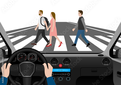 Driver Stop the Car to let People Walk across Crosswalk. Crosswalk. Pedestrian Crossing Road. Zebra Crossing. Vector Illustration. 