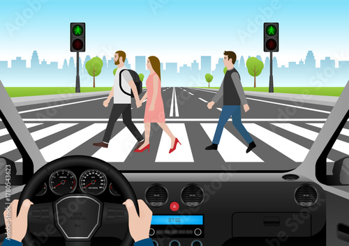 Driver Stop the Car to let People Walk across Crosswalk. Crosswalk. Pedestrian Crossing Road. Zebra Crossing. Vector Illustration. 