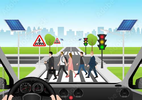 Driver Stop the Car to let People Walk across Crosswalk. Crosswalk. Pedestrian Crossing Road. Zebra Crossing. Vector Illustration. 