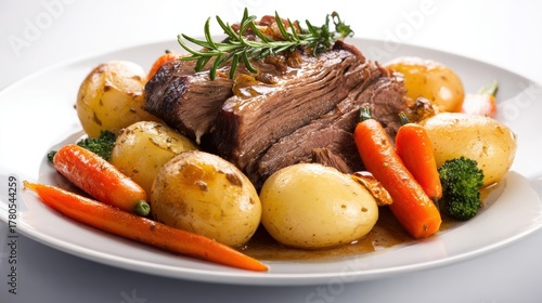 Roasted beef pot roast with carrots, potatoes, and fresh rosemary on white plate, traditional comfort food dinner with gravy sauce