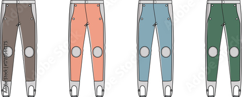 Technical flat fashion sketches of stirrup pants with knee patches in four color options. Vector illustration set of athletic or equestrian leggings