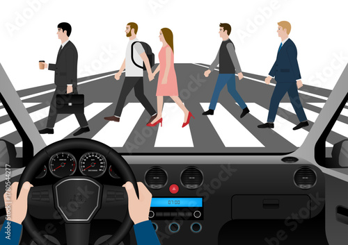 Driver Stop the Car to let People Walk across Crosswalk. Crosswalk. Pedestrian Crossing Road. Zebra Crossing. Vector Illustration. 