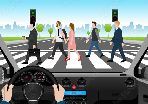 Driver Stop the Car to let People Walk across Crosswalk. Crosswalk. Pedestrian Crossing Road. Zebra Crossing. Vector Illustration. 