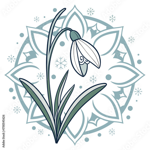 Snowdrop flower in snowflake frame, spring floral art