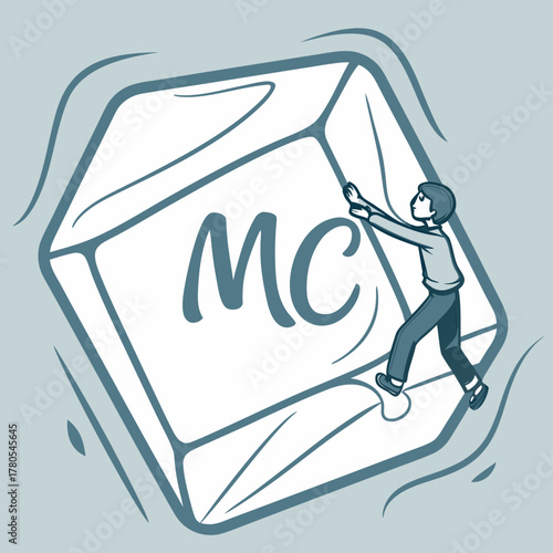 Man pushing an ice cube with mc letters
