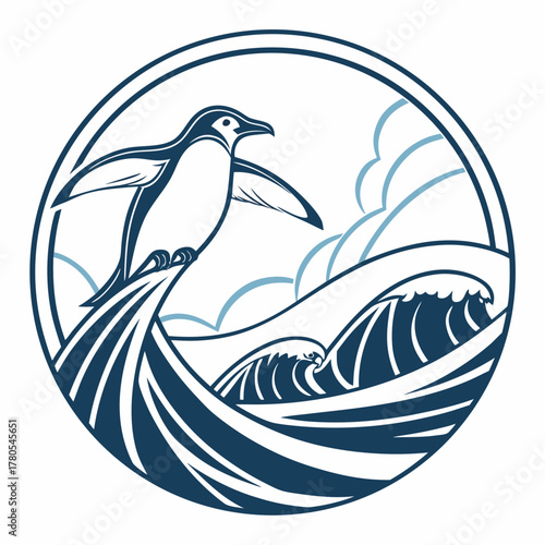 Penguin surfing on wave