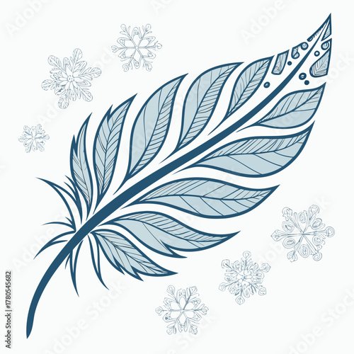 Delicate feather with snowflakes for winter designs