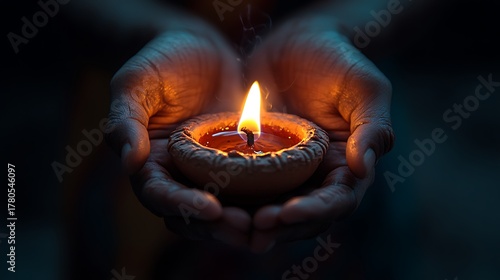 A close-up shot of an adult's cupped hands holding a lit clay diya in complete darkness, warm flame casting gentle light on skin textures, fingers outlined by the glow, no background visible.