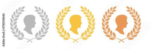 Gold silver bronze laurel wreath profile award icons set