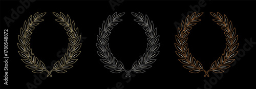 Gold silver bronze laurel wreath award set on black background