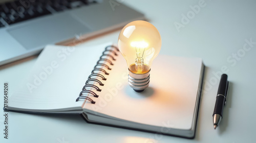 Inspiring idea: Lightbulb illuminating open notebook, pen, and laptop symbolizes creative thinking and innovative solutions for business success, ready for your text