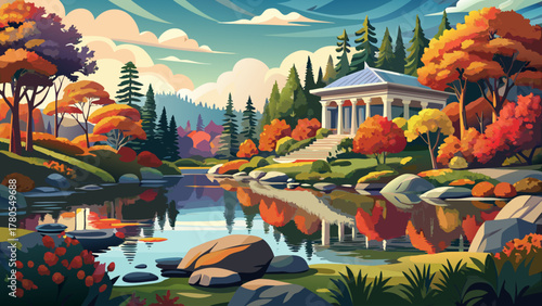 Very beautiful view of Asticou Azalea Garden in Acadia National Park, Maine, USA, featuring vibrant autumn foliage, calm lake reflections, and surrounding trees in a serene and realistic landscape sce