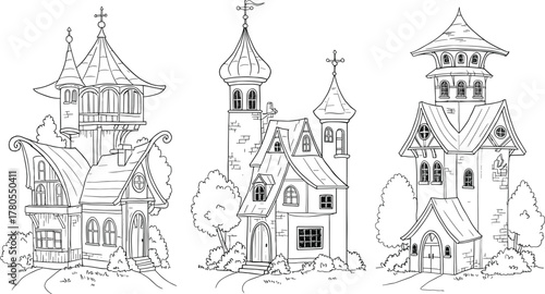 Fantasy house illustration—three whimsical buildings with towers, curved roofs, and storybook charm, black-and-white vector architectural line art