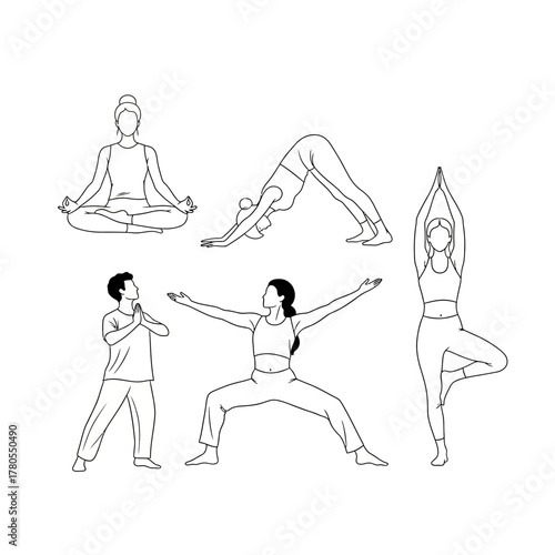 Diverse individuals practicing various yoga poses, promoting wellness, balance, and mindful movement for a healthy lifestyle