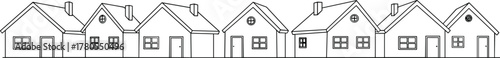 Row of pitched-roof houses vector—uniform suburban silhouettes with chimneys and windows for neighborhood, housing, and real estate themes