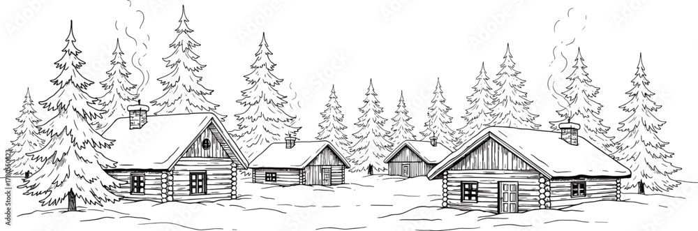 custom made wallpaper toronto digitalWinter cabin forest line art vector—snow-covered log houses, pine trees, chimney smoke for seasonal, nature, and village themes
