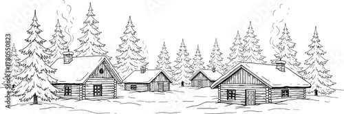 Wallpaper Mural Winter cabin forest line art vector—snow-covered log houses, pine trees, chimney smoke for seasonal, nature, and village themes Torontodigital.ca