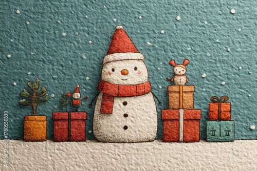 Cute snowman with red hat and scarf surrounded by holiday gifts, toy animals, trees and falling snow on textured paper Generative AI