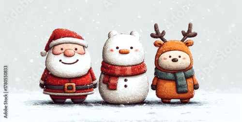 Cute cartoon Santa Claus, snowman, and reindeer standing together in snowy winter scene with scarves and festive outfits Generative AI