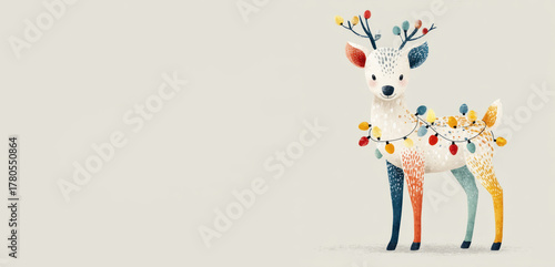 Whimsical cartoon reindeer with colorful Christmas lights and antlers standing on neutral background in festive winter theme Generative AI
