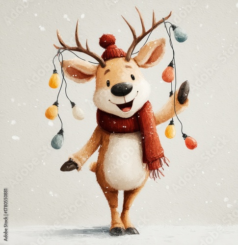 Happy cartoon reindeer in red scarf and beanie holding Christmas lights in snow with joyful winter holiday background Generative AI